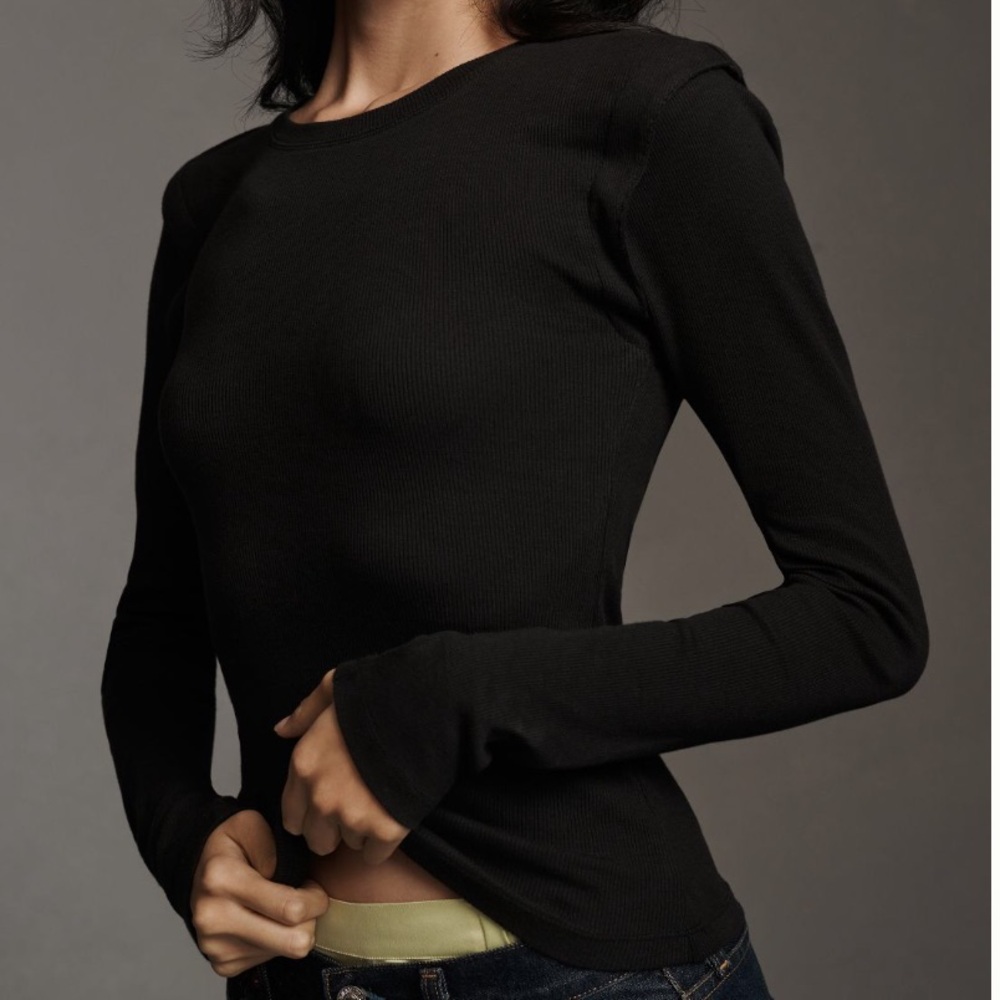 Maeve Black Shoulder Layered Ribbed Fitted Long Sleeves Top Shirt XXS